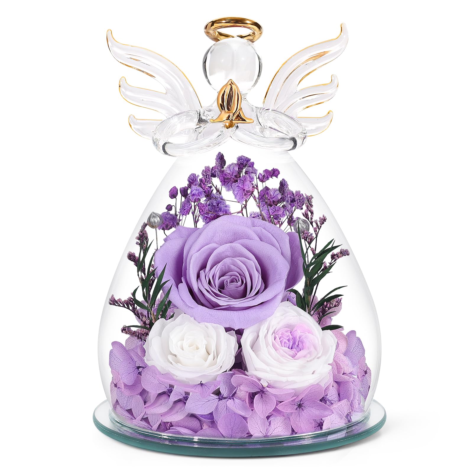 Gifts for Mom Mothers Day Birthday Gifts for Women Preserved Rose Forever Flower in Glass Angel Figurines Fresh Flowers for Delivery Anniversary Real Colorful Roses for Grandma Her Wife from Daughter - B0F1D7MPL6