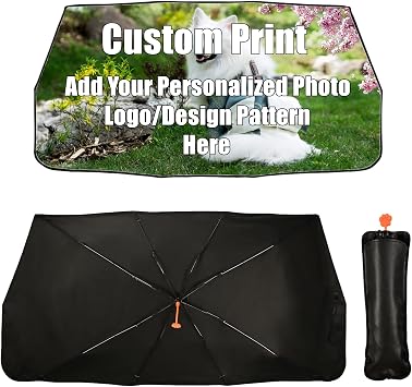 Customizable Car Windshield Sun Shade Umbrella | Personalized Print with Logo/Design, Umbrella-Style and Foldable, Summer Heat Shield, Keeps Interior Cool, Fits Most Cars