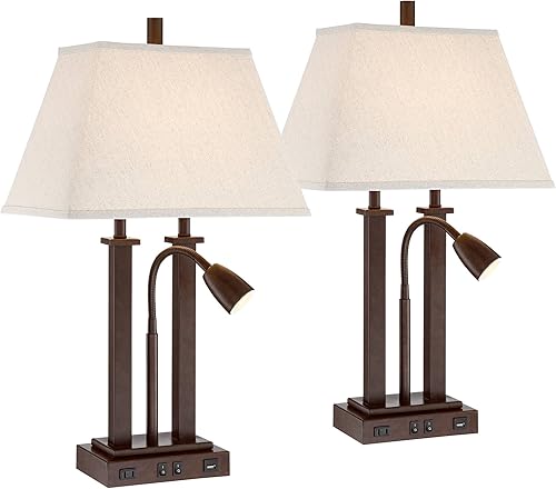 Miniatura 2 de Possini Euro Design Possini Euro Deacon - Juego de 2 lámparas USB y tomas de corriente (26 pulgadas), color bronce