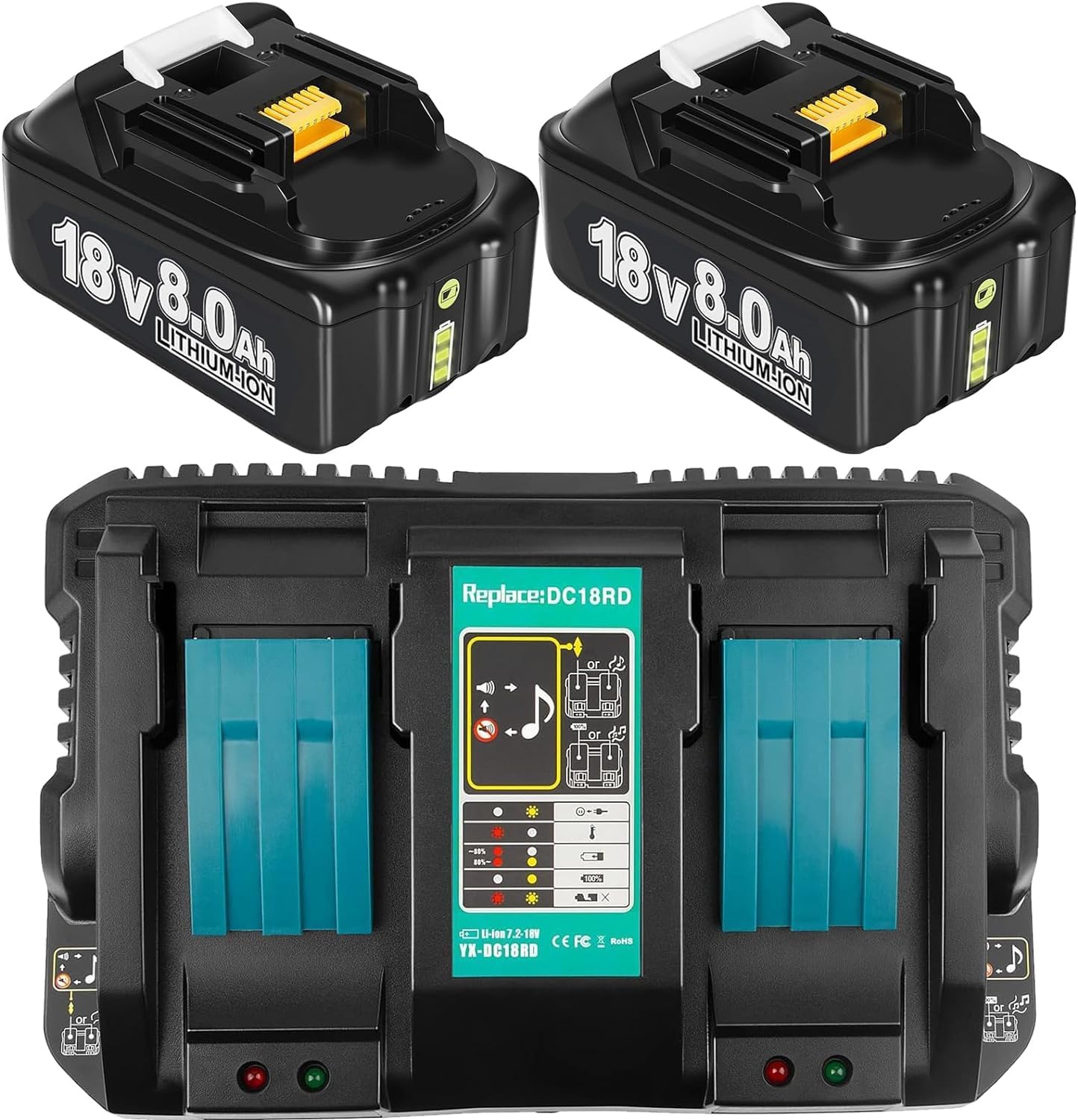 2 stuks BL1850 5500mAh reserveaccu voor Makita accu 18V met oplader voor Makita oplader 18V compatibel met 14,4V-18V BL1860 BL1850B accu