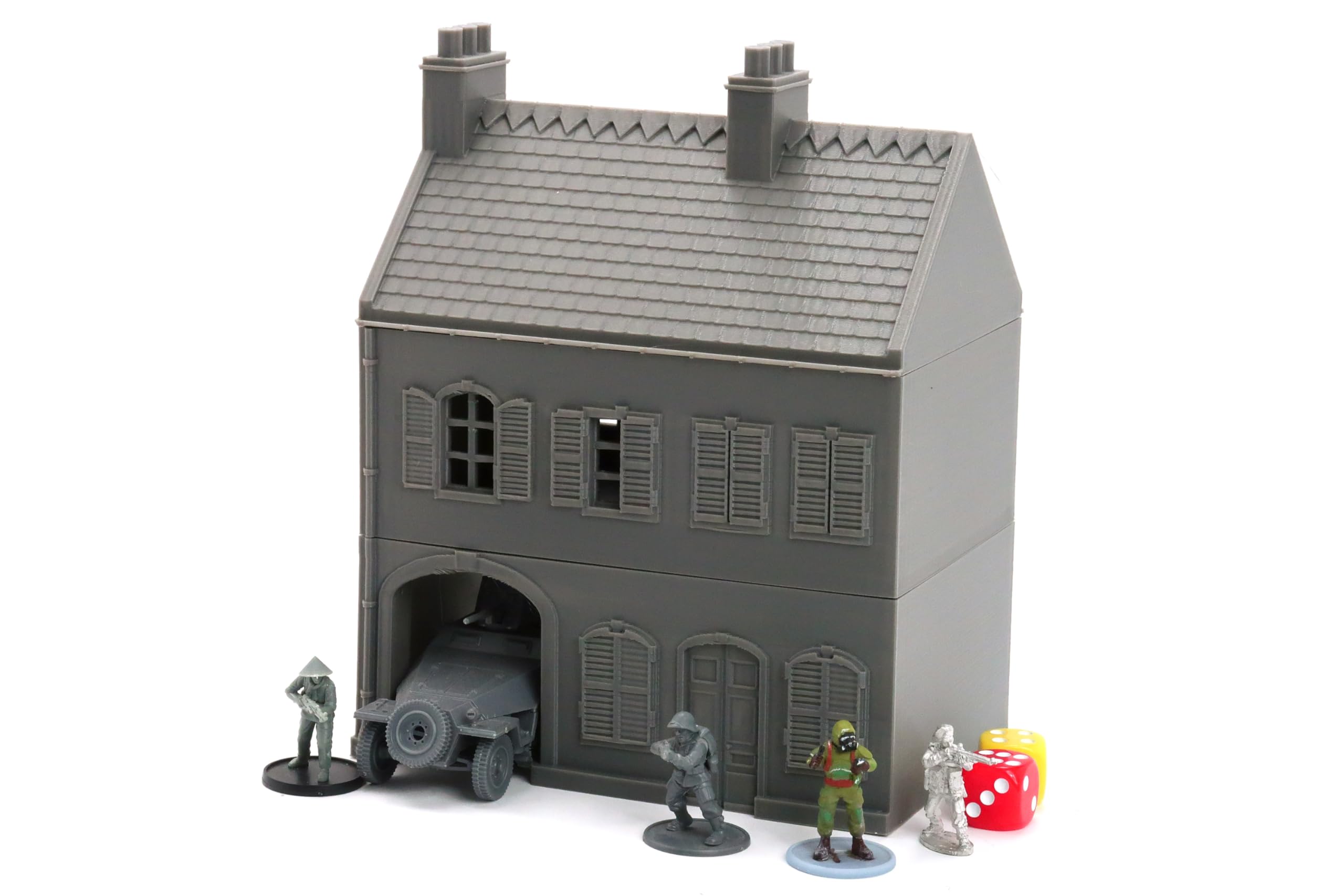 Normandy Dom szeregowy z przejazdem łukowym – styl Sainte-Mère-Église | druk 3D Wargaming | 28 mm, 20 mm, 15 mm (28 mm)