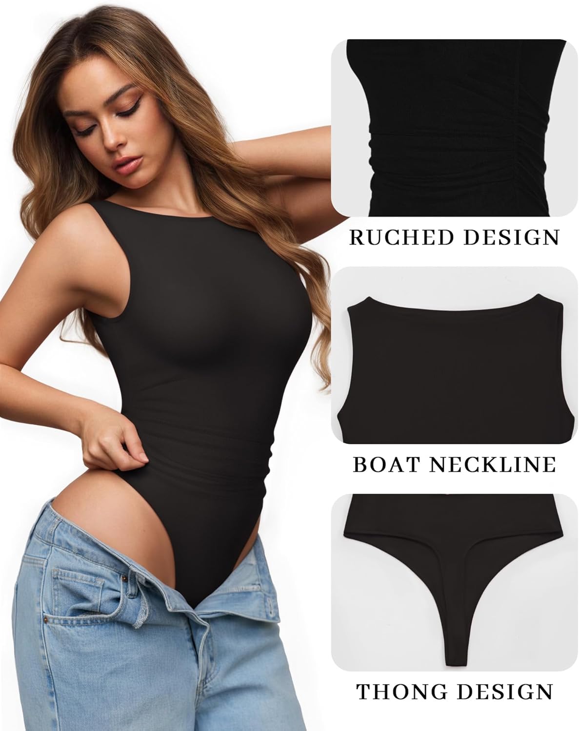 MANGOPOP Women's Tank Top Mesh Ruched Bodysuit Boat Neck Double Lined Sleeveless Thong Body Suit Going Out Summer Tops - Image 4