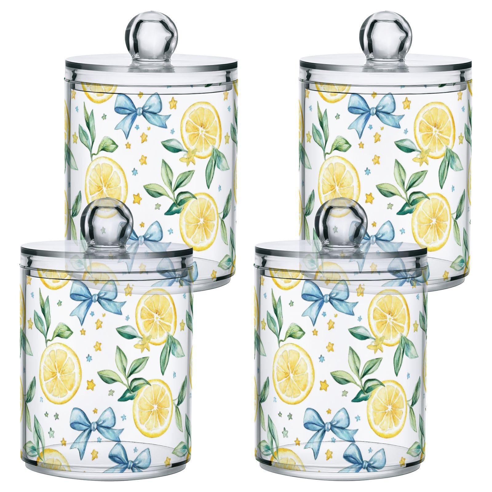 Gredecor 4 Pack Qtip Holder Clear Yellow Lemon Blue Bows Leaves (1) Apothecary Jars with Lids Acrylic Bathroom Jars Vanity Countertop Canister Storage Organizer for Cotton Ball,Swabs,Pads,Floss