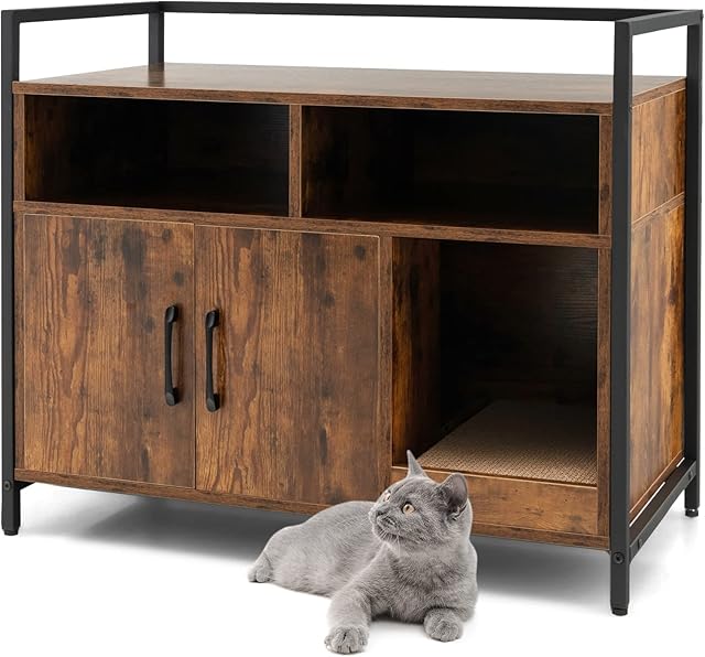 COSTWAY Cat Litter Box Enclosure, Wooden Kitty Hidden Washroom Toilet with Storage Compartments and Scratching Board, Indoor Cats House Side Table Nightstand