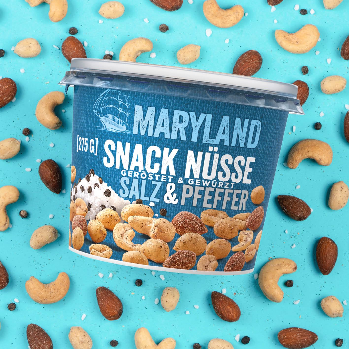 Maryland Snack Nüsse Salz & Pfeffer 275g Becher Vorratspack - Erdnüsse, Cashewkerne und Mandeln in Nussmischung - knackig-lecker gewürzt und geröstet - wiederverschließbarer Becher (6 x 275g)