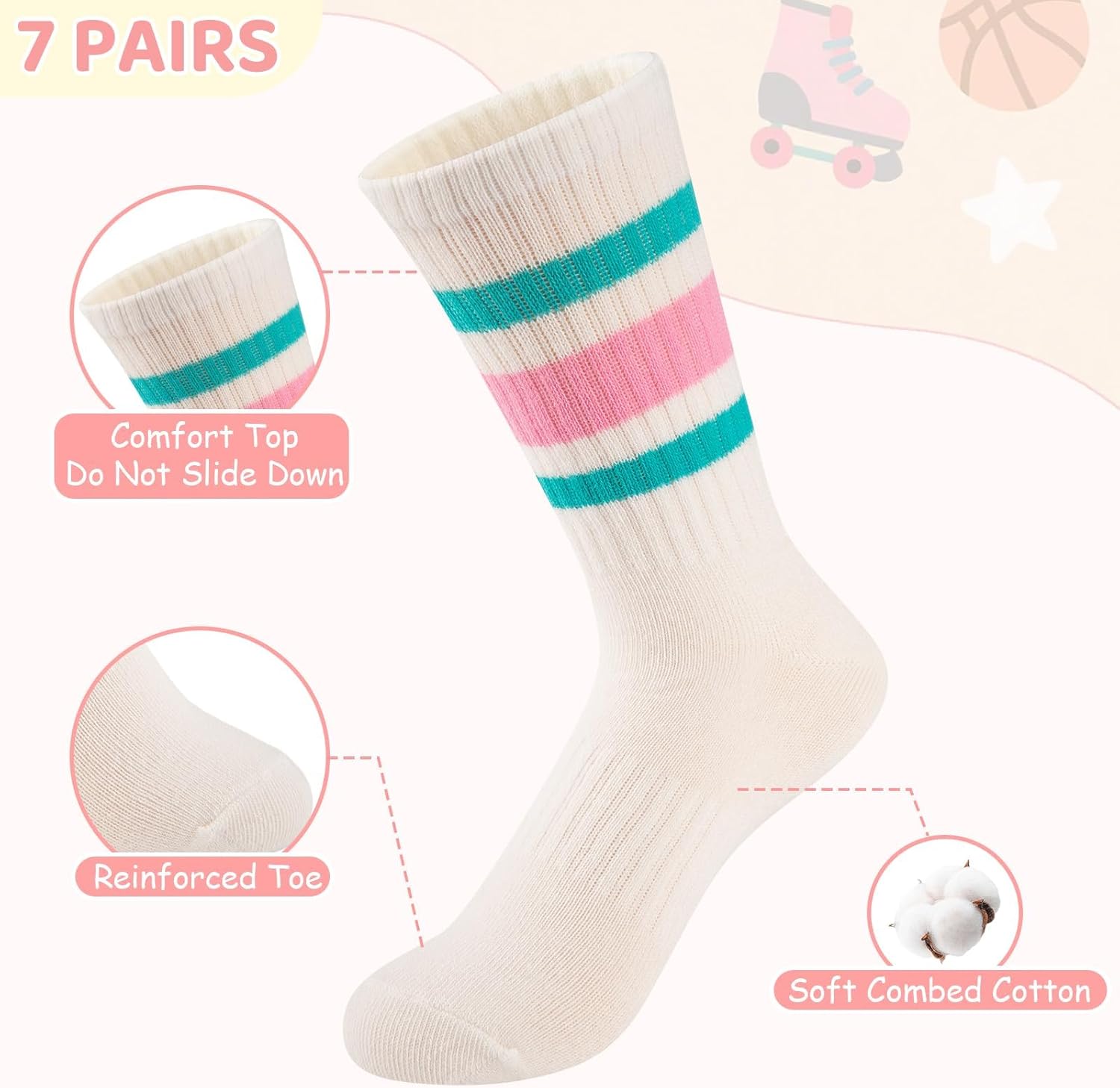 Comfoex Girls Crew Socks Kids Athletic Calf Socks 7 Pairs Soft Cotton & Casual Stripe for Children 8-10 10-12 Years Old - Image 6