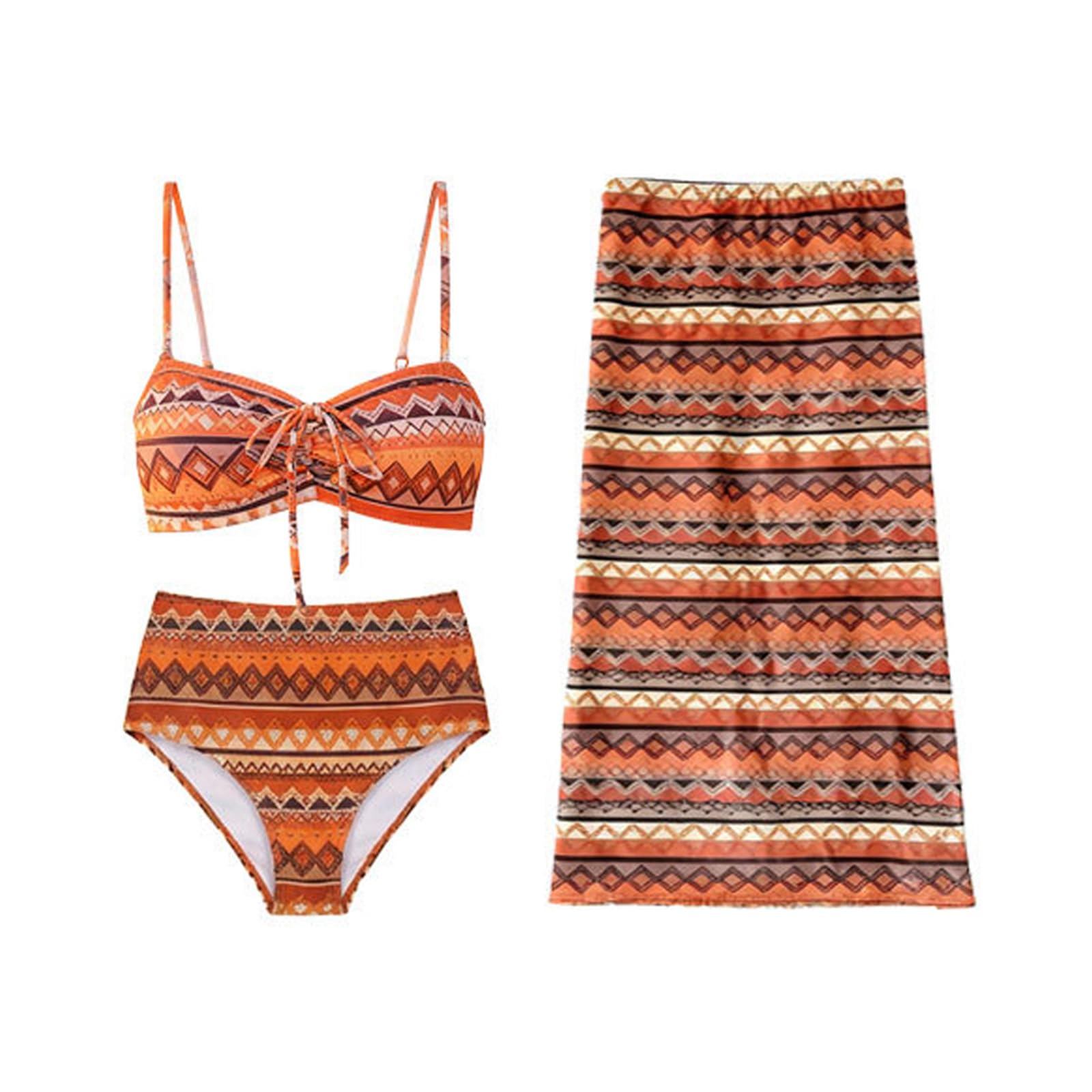 Kolorowy seksowny zestaw bikini 3 elementy długą spódnicą rozcięciem