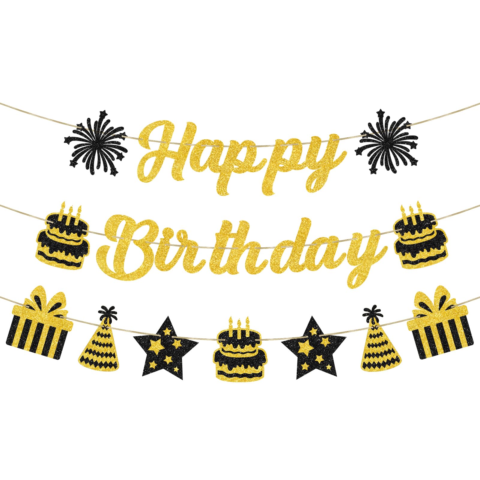 Kuxriox Pre-strung Happy Birthday Banner, Gold Glitter Birthday Decorations for Men Women Boy Girl, 3Pcs 9.8ft Bday Party Banner Sign Party Supplies(
