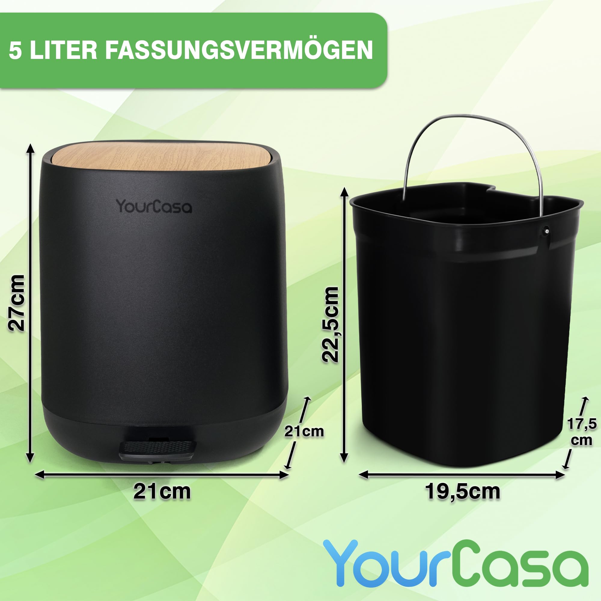 YourCasa Mülleimer Bad [5L] - 30% weniger Plastik - Badeimer - Kosmetikeimer Badezimmer Klein - Badmülleimer mit Deckel und Softclose – Abfalleimer Toilette WC - herausnehmbaren Inneneimer (Schwarz)