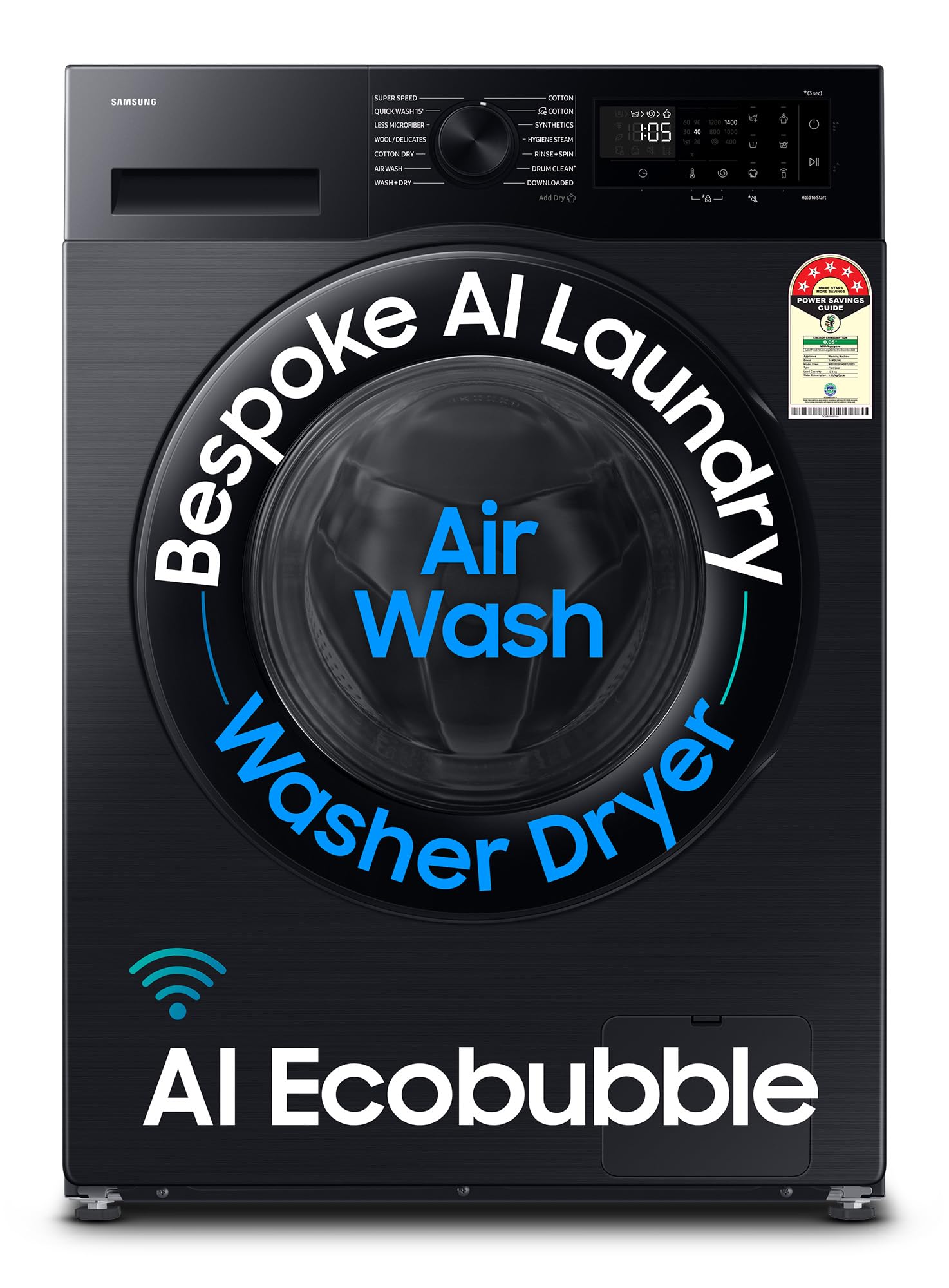 Samsung 12 kg (Wash) / 7 kg (Dry), 5 Star, AI EcoBubble, AI Energy Mode, Air Wash, Super Speed, Hygiene Steam, Wi-Fi, Digital Inverter, Fully-Automatic Front Load Washer Dryer (WD12FG5B34BBTL, Black)