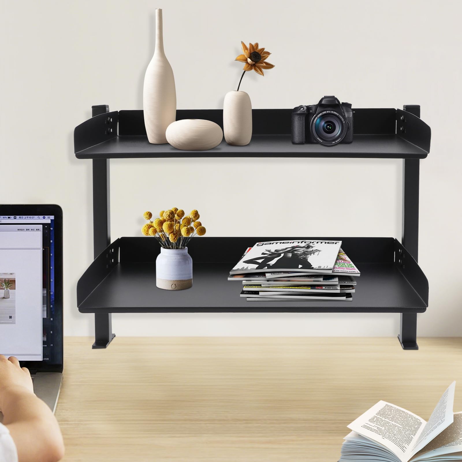 Étagère de bureau à pince à 2 étages - Étagère de bureau à pince - Noire - 44 x 22 x 39 cm