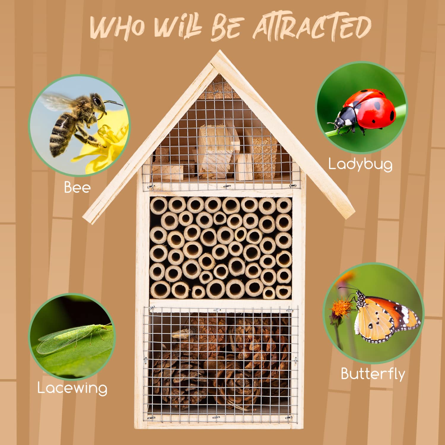 Nobleza - Casetta per Insetti in Legno, Albergo Insetti Naturale per Api, Coccinelle, Crisopidi, Farfalle,Hotel per Insetti Che Aiuta la Nidificazione, Taglia M - 19,5 * 10 * 27CM