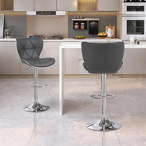 Miniatura 4 de Chummaven Juego de 2 taburetes de bar giratorios ajustables con respaldo de concha, modernos taburetes de bar de piel sintética con base cromada sin