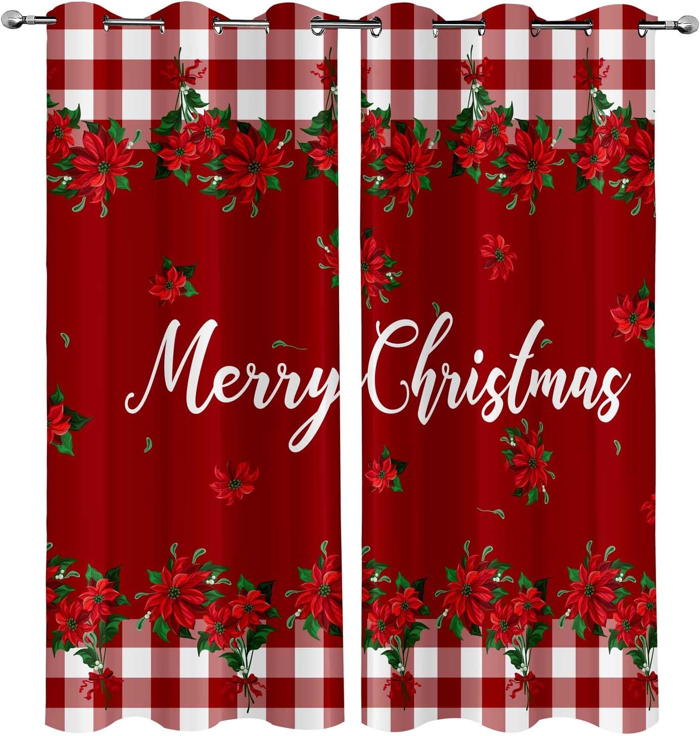 LUVIVIHOME Christmas Blackout Curtains for Bedroom 84 inch Long 2 Panels, Poinsettia Flower Holiday Red White Buffalo Plaid Xmas Merry Christmas Curtains for Living Room Grommet Window Drapes, 42Wx84L