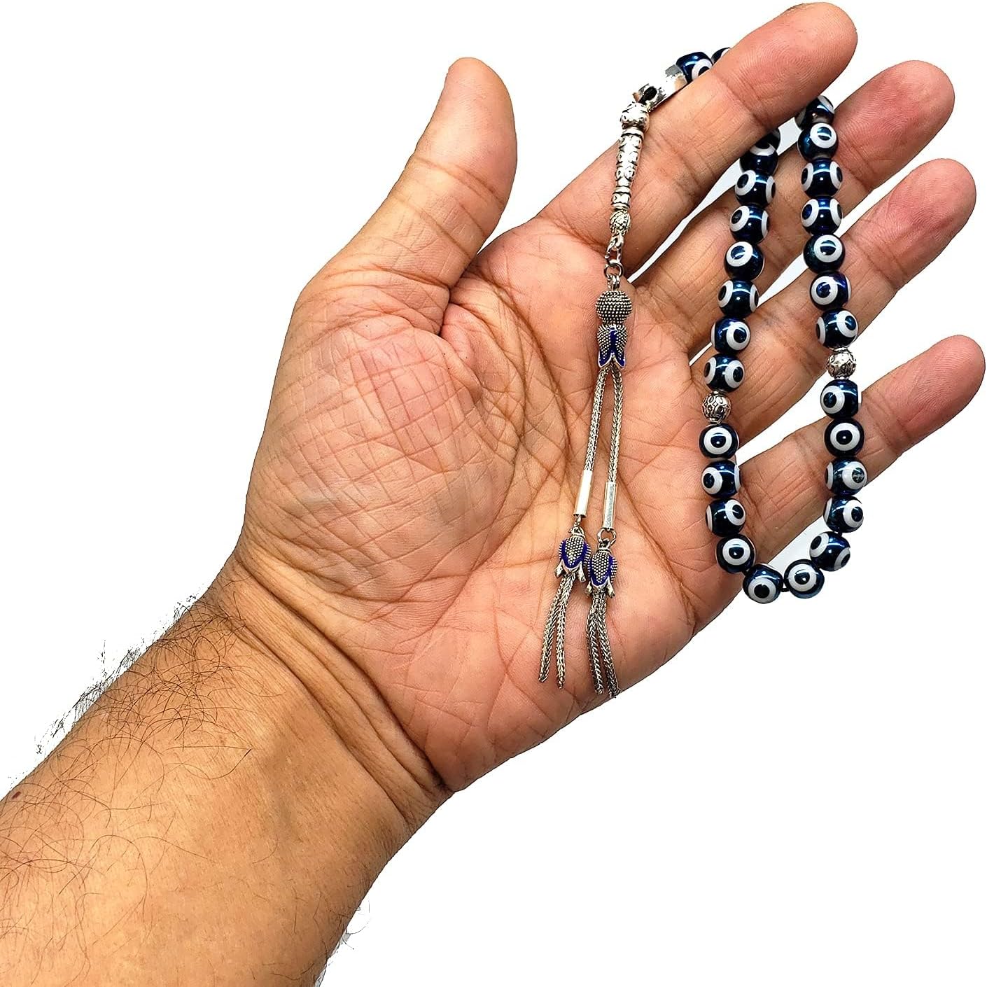 Design -Special Evil Eye Beaded Collection Worry Beads - Prayer Beads (8 mm-33 Beads) Tesbih-Tasbih-Tasbeeh-Misbaha-Masbaha-Subha-Sebha-Sibha-Rosary (Electroplate Glass Blue Evil Eye)