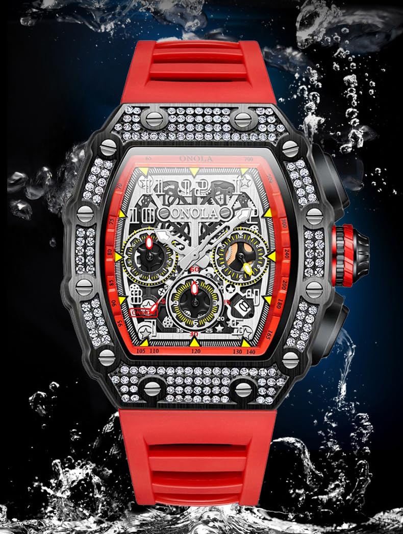 Mens Bling Punk Diamond Cronógrafo Relojes Moda Estilo Silicona Banda Deportes Reloj De Pulsera Reloj Rojo Multicolor