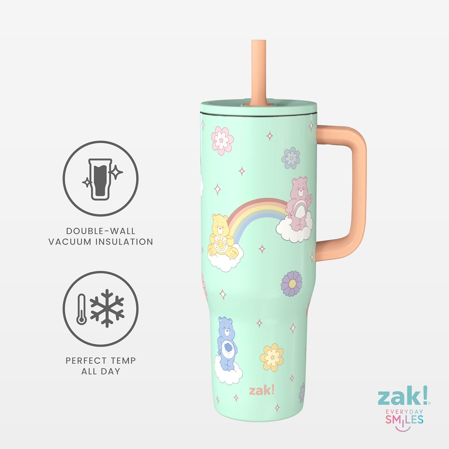 Zak Designs Care Bears Sutton Travel Tumbler for On the Go, 30oz Stainless Steel with Vacuum Insulation, Silicone Straw, and Carry Handle for Cold Drinks (Care Bears) - Image 3