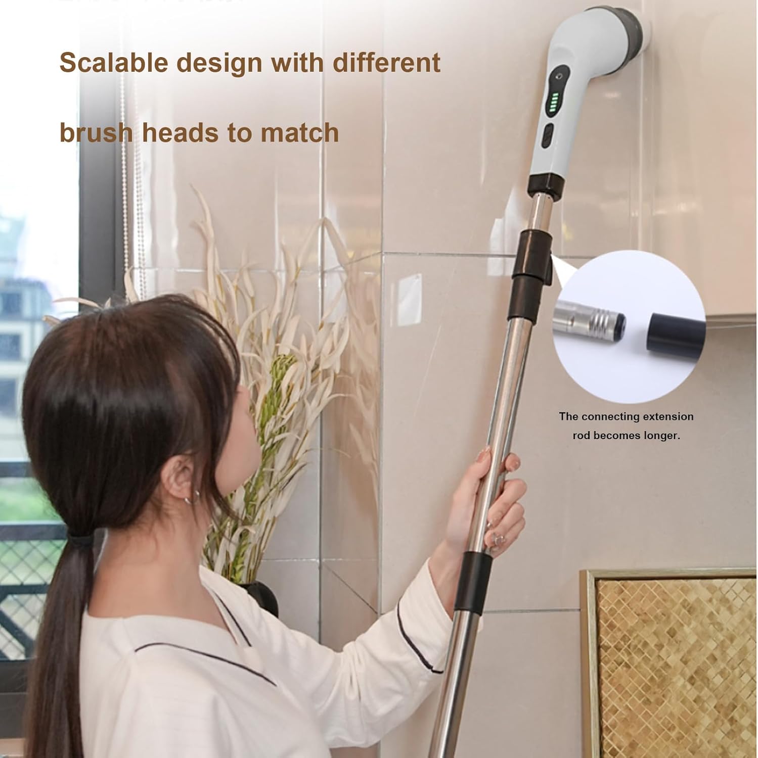 Fafeicy Cordless Cleaning Scrubber Electric Brush 15000/14000 RPM Extendable Handle 120cm LED Display Rechargeable for Bathroom Shower Tile Car (White)