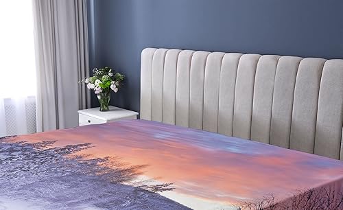 Miniatura 2 de Ambesonne Winter Fitted Sheet, Frozen River in a Wintry Landscape Finnish Lapland at Sunrise Arctic Nordic Country, Bed Cover with All-Round Elastic