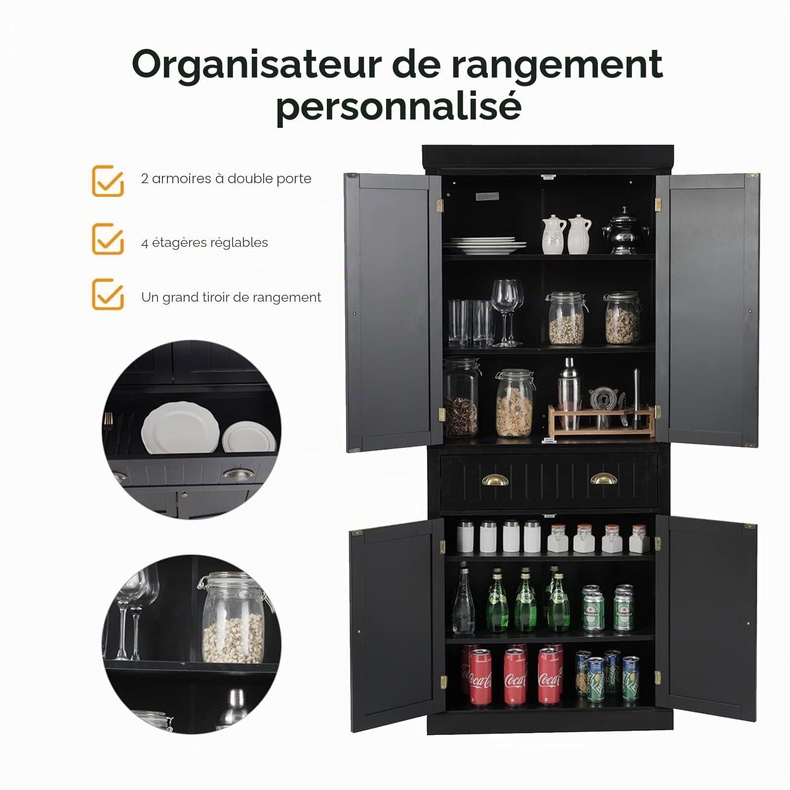 GIANTEX Meuble de rangement pour cuisine, salon, salle de bain avec 1 tiroir et 4 portes, 76 x 40 x 183,5 cm, meuble de rangement pour cuisine, salon et salle de bain, noir