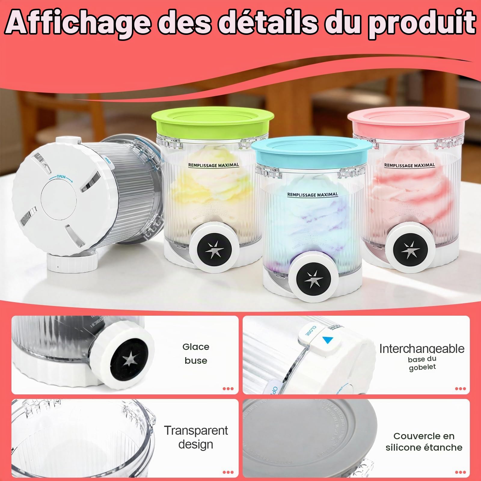 Pour 4 pièces Ninja Swirl Creami 480 ml - pour sorbetières Ninja Creami séries NC701 et NC700 - Sans BPA lavable au lave-vaisselle