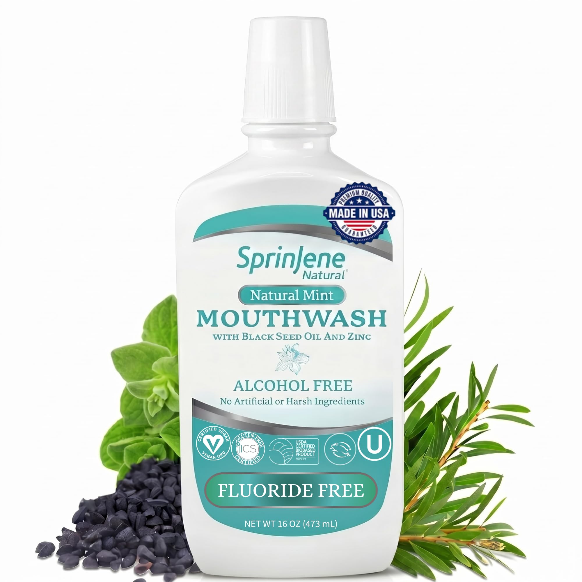 SprinJene Enjuague bucal sin flúor ni alcohol para aliento fresco, salud de las encías, sequedad de boca, blanqueamiento de dientes con aceite de semilla negra - Vegano, sin gluten ni SLS, Kosher