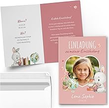 10 Invitation Cards with Photo and Text Personalised with Envelopes First Day of School Child Motif Heart Cute Pink Girl Invitation