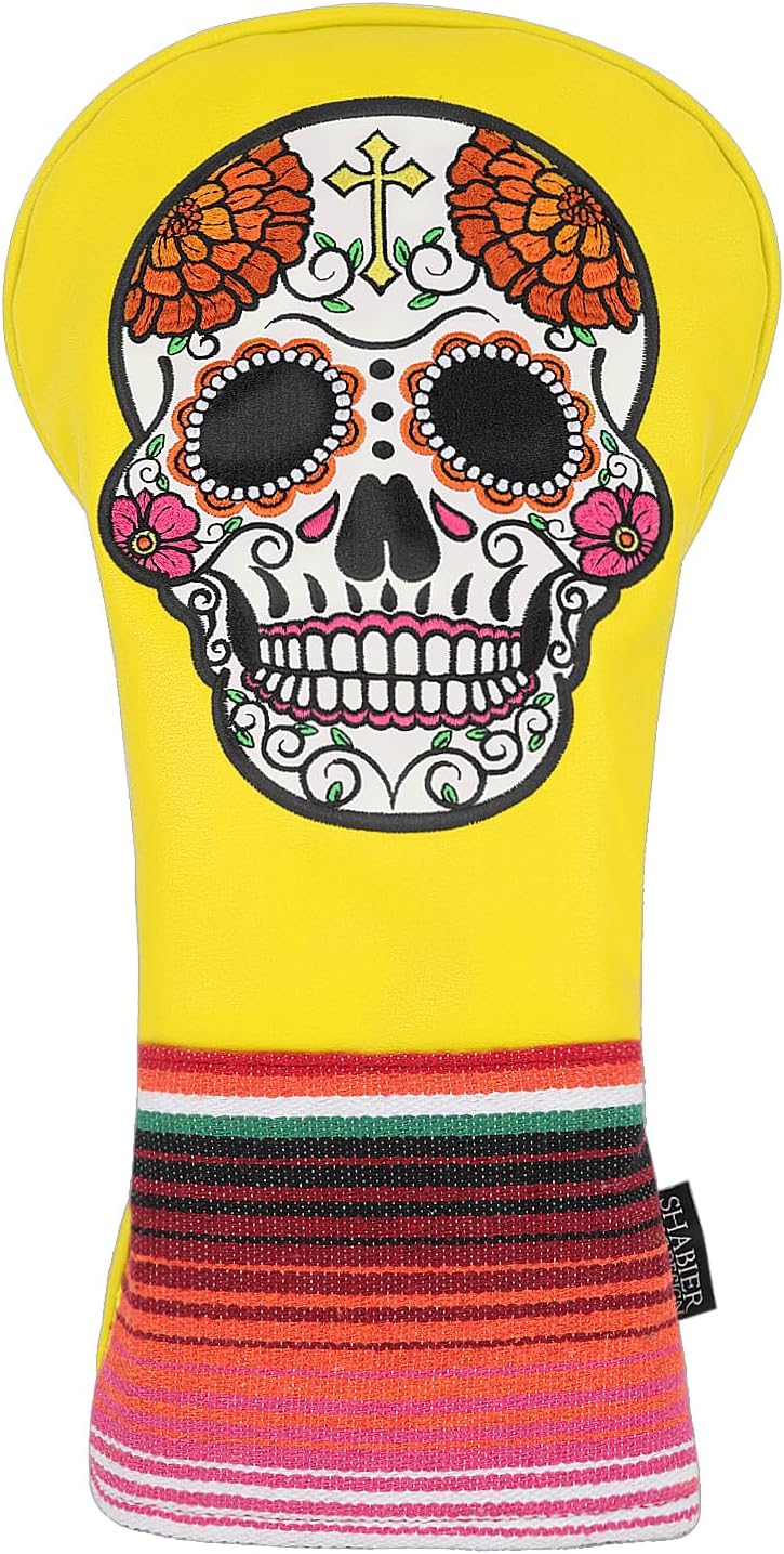 SHABIER Yellow Golf Driver Headcover with Organ Flowers Embroidery Sugar Skull Design for Golf Driver Club