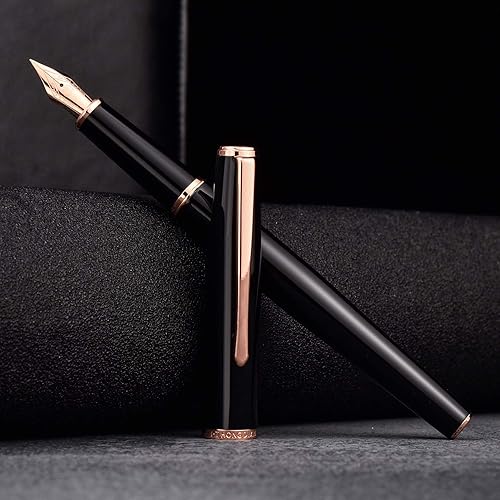 Vista 52 de HongDian 920 - Pluma estilográfica de metal negro, chapado en oro rosa, punta extrafina, pluma de escritura suave, bolígrafo clásico con convertidor