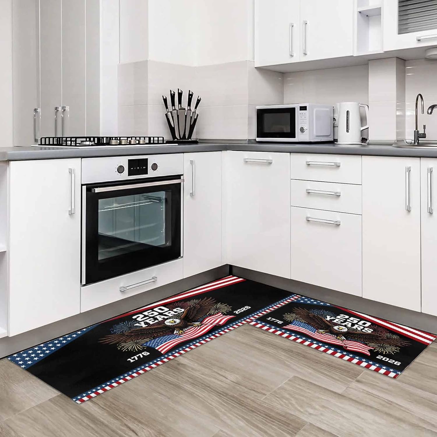 Kitchen Mats for Floor 1776-2026 Patriotic Eagle Washable Non Slip Kitchen Rugs 2PCS, Fireworks USA Background Absorbent Standing Mats for Sink Bathroom Office Living Room 15.7x23.6in+15.7x47.2in