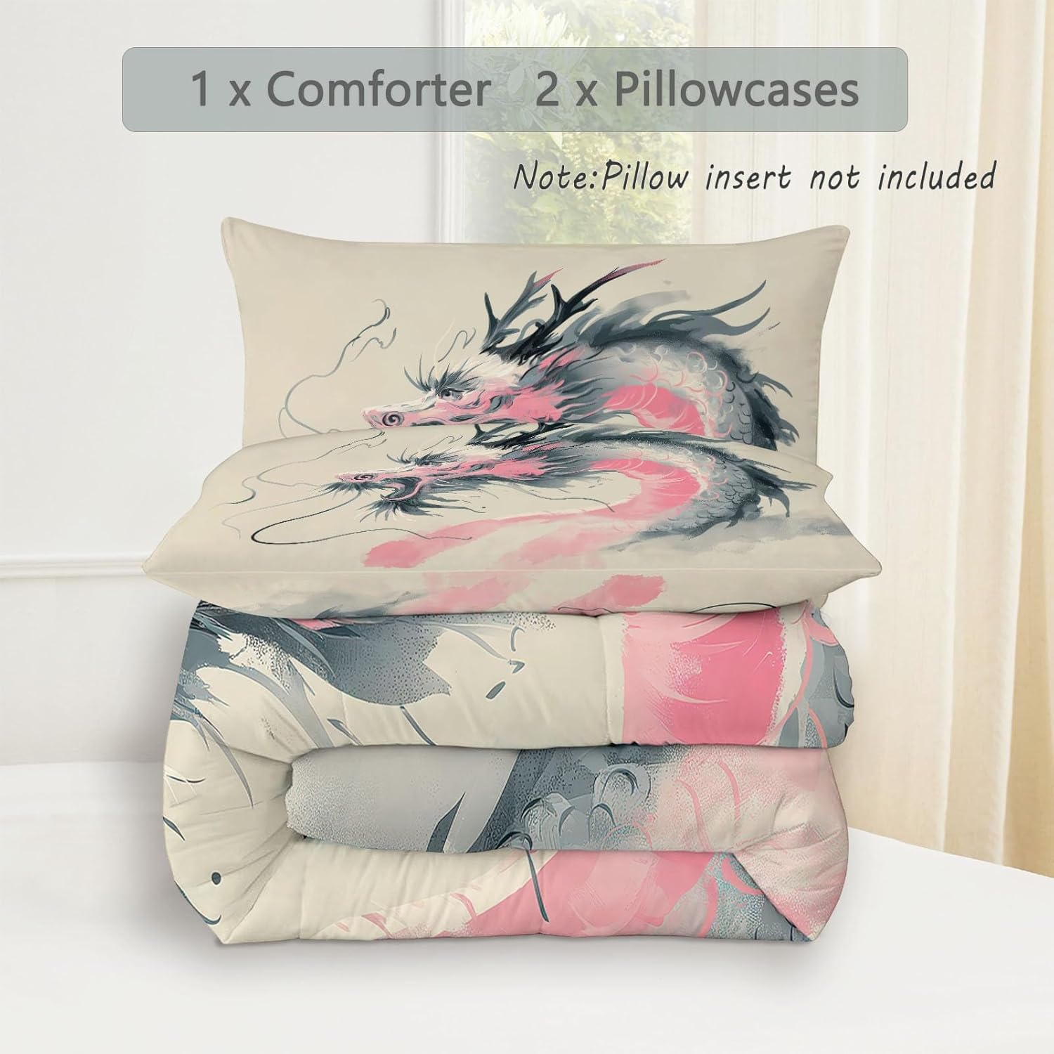 Bedding Set Queen Lightweight Soft 3 Piece Chinese Art Animals Dragon Stripes Comforter Set with 2 Pillow Covers, Quilt Breathable Cream Comforter (90" x 90") for Girls Boys Kids