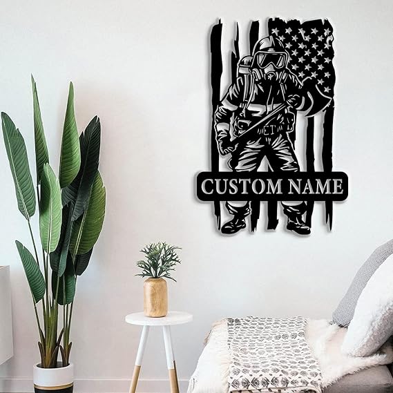 Custom US Flag Firefighter Metal Wall Sign, Custom Firefighter Name Plaque, Firefighter Metal Wall Decor, Fireman Wall Hangings, Fireman's Gift, Black,8-24 Inch