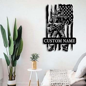 Custom US Flag Firefighter Metal Wall Sign, Custom Firefighter Name Plaque, Firefighter Metal Wall Decor, Fireman Wall Hangings, Fireman's Gift, Black,8-24 Inch