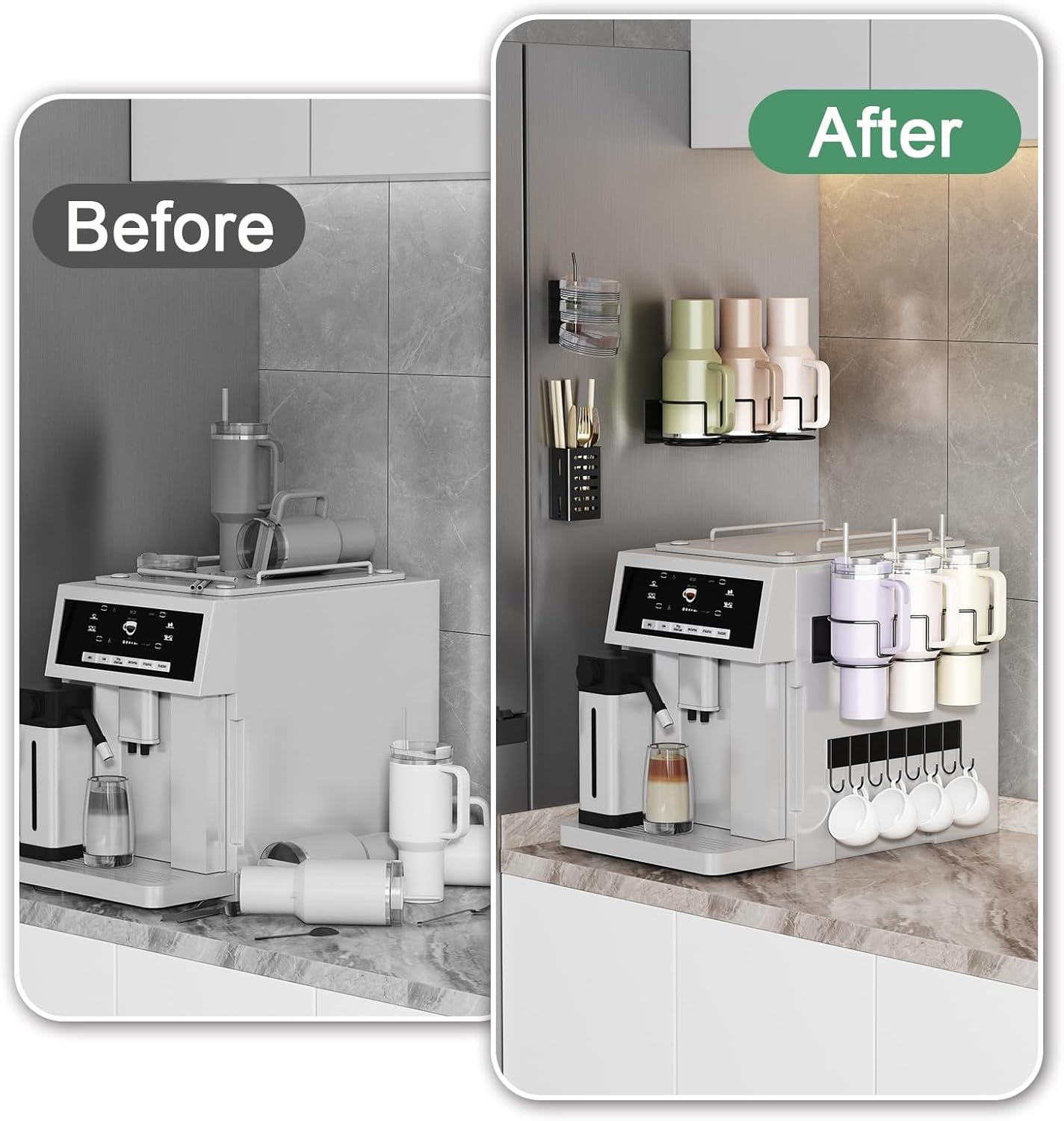 Magnetic Cup Holder for Fridge, Aufworld Tumbler Organizer with 8-Hook Rack, Fits 20/30/40 oz Stanley Cups, Accessory Storage with Lid & Straw Holder, Water Bottle Organizer for Kitchen Refrigerator - Image 3