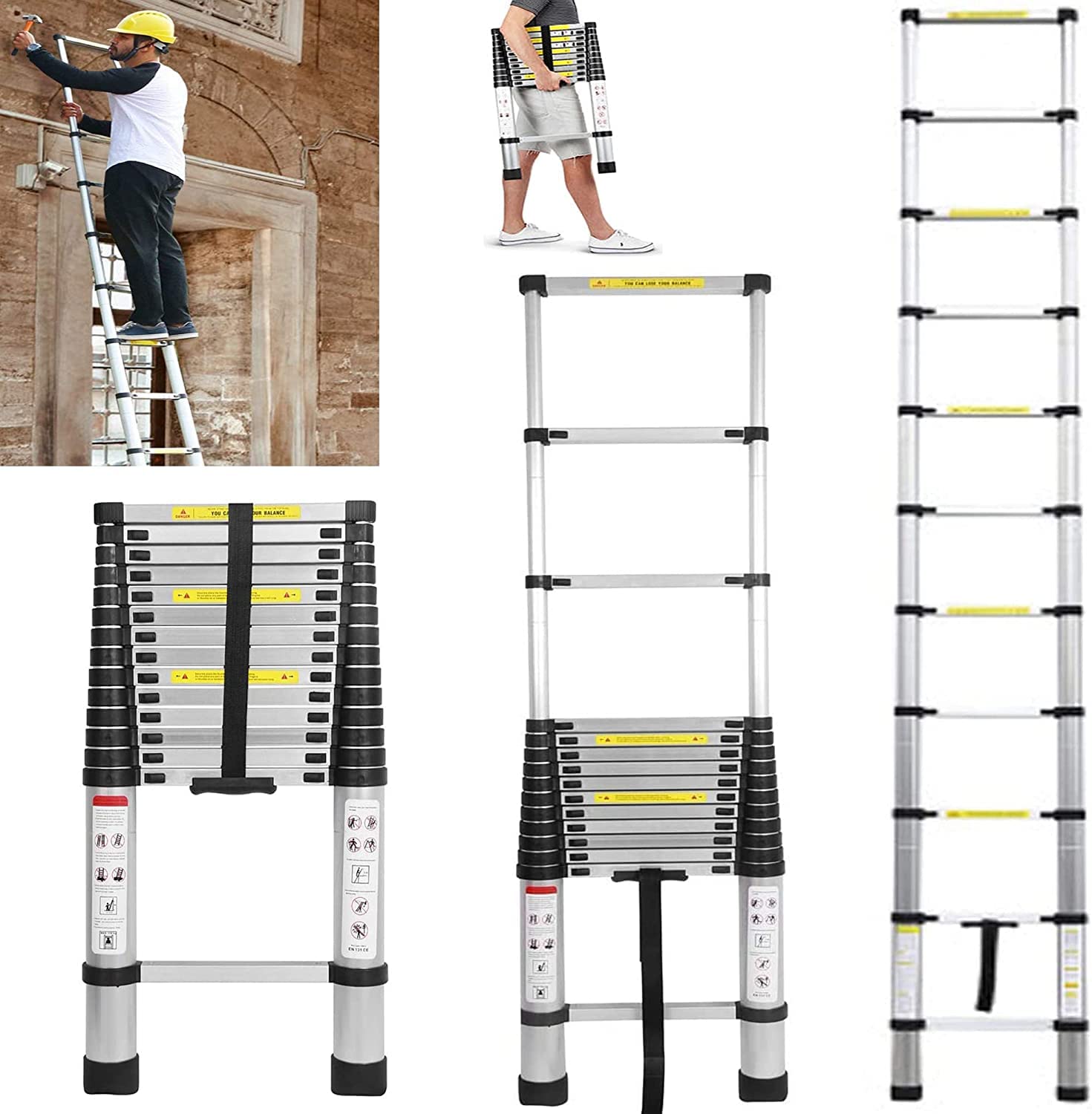 Telescopic Ladders 4.4m Extendable Aluminum Lightweight Space Saving Multipurpose for Home Office Garden Loft Portable Ladder Soft Non-Slip Step Ladder