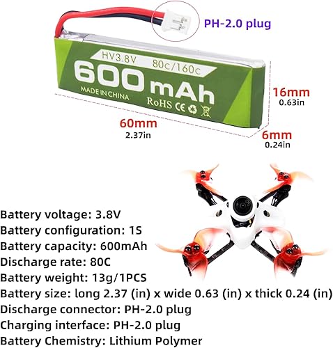 Miniatura 2 de 2 unidades 1S 3.8V 80C 600mAh batería de litio con conector JST-PH 2.0 enchufe y cable de carga USB para Cineahoop Tinyhawk Mini FPV Racing Drone RC