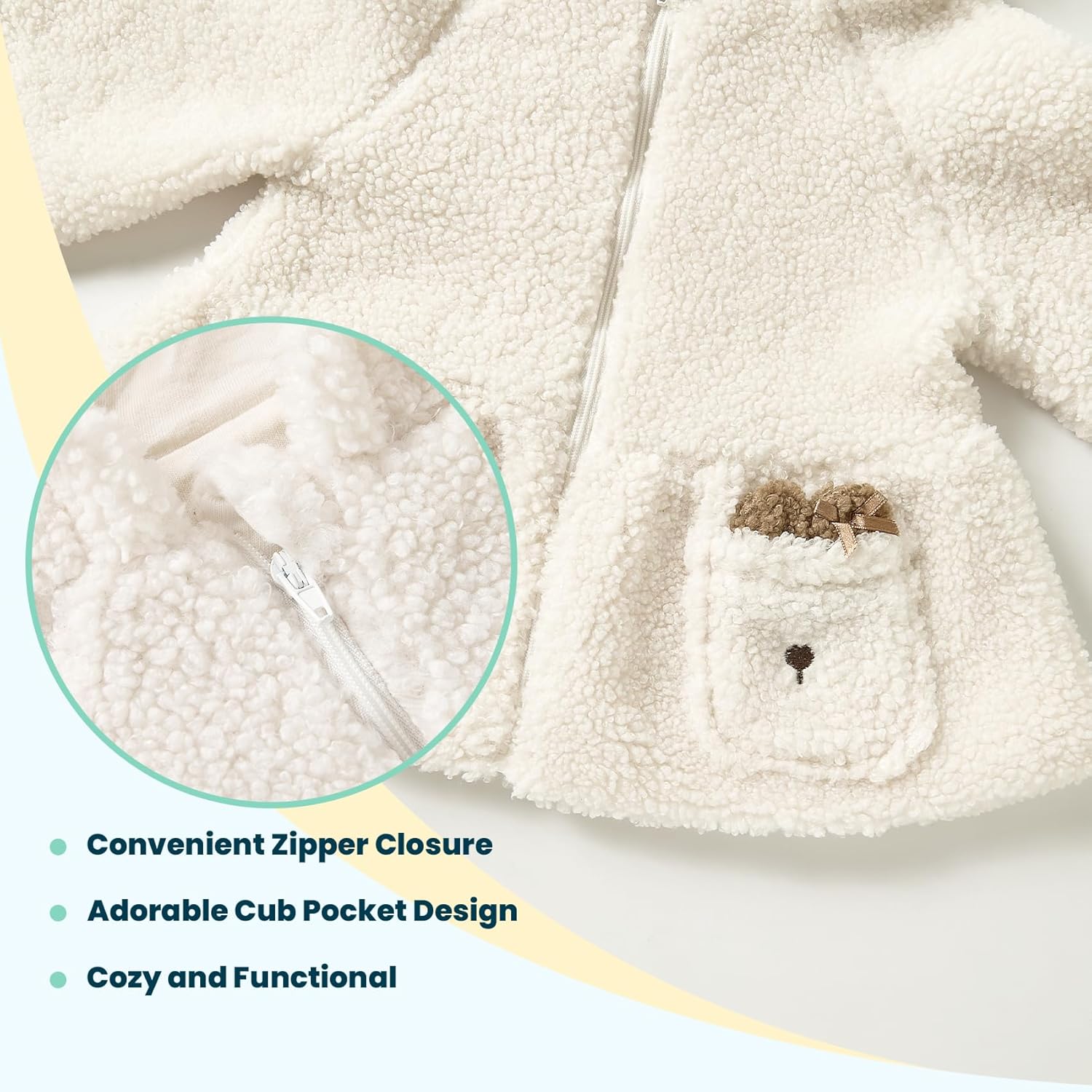 Baby Girl Fleece Hooded Jacket, Warm Soft Cotton-Lined Sherp Coat for 3-24Months Daily Outfits - Image 3