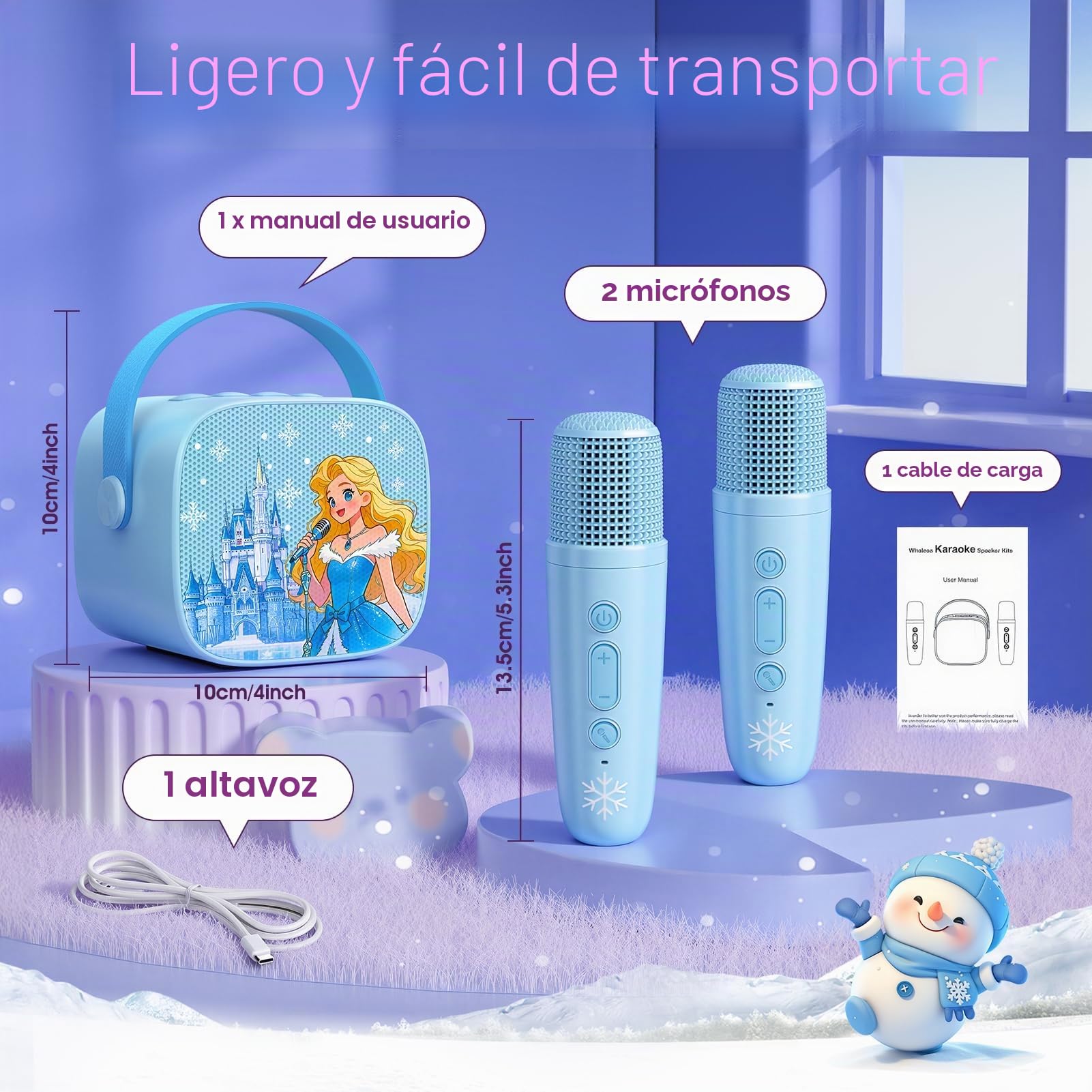Braxel Kit de Karaoke para Niños con Doble Micrófono - Altavoz Bluetooth, USB, TF, AUX con Efectos Vocales, LED Multicolor (Azul Celeste)