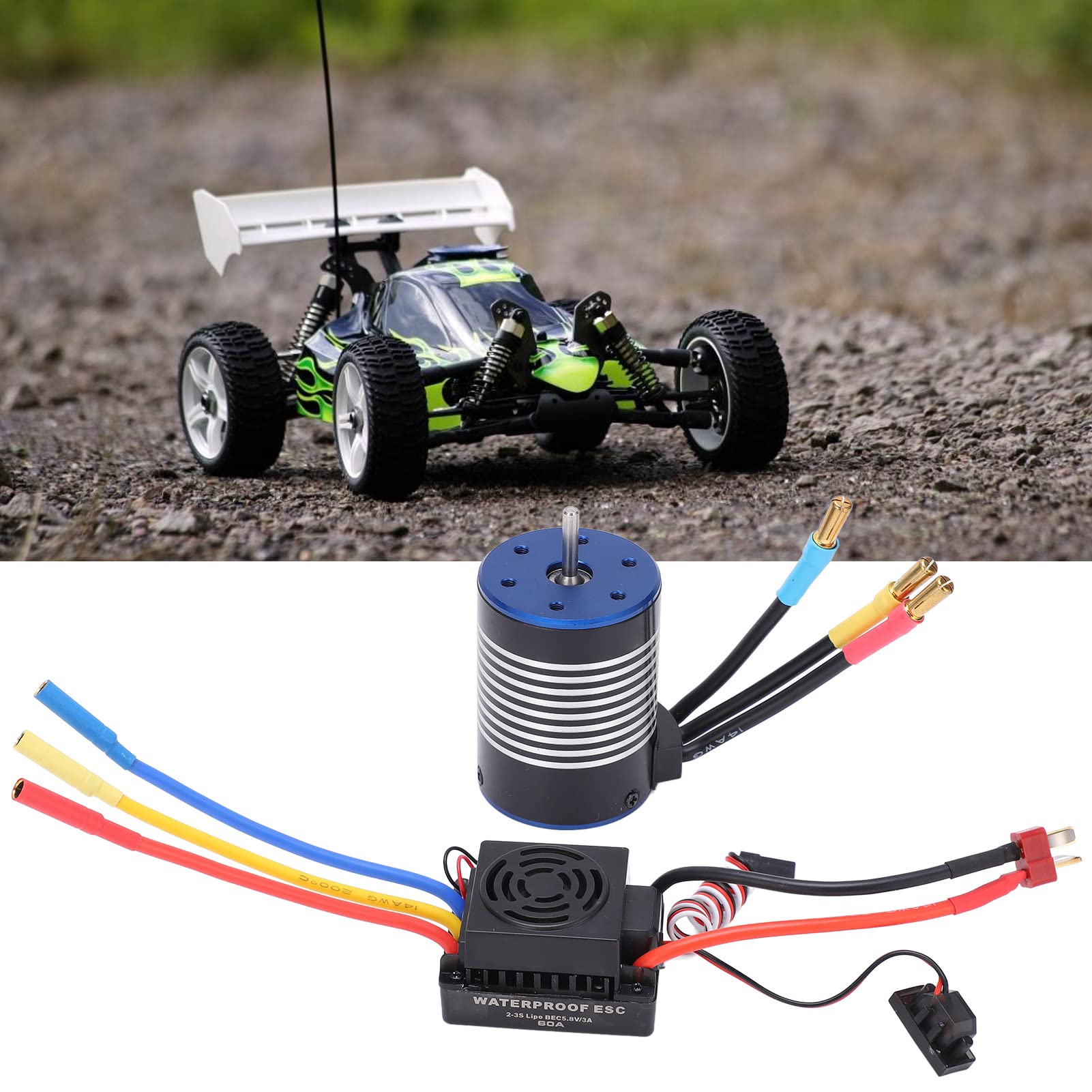 Cryfokt Silnik Bezszczotkowy 3650 3500KV, Wodoodporny Zestaw z | Bezczujnikowy 4-biegunowy silnik z 12 gniazdami, aluminiowy radiator CNC, z 5,8 V/3 A BEC do ciężarówki RC Buggy