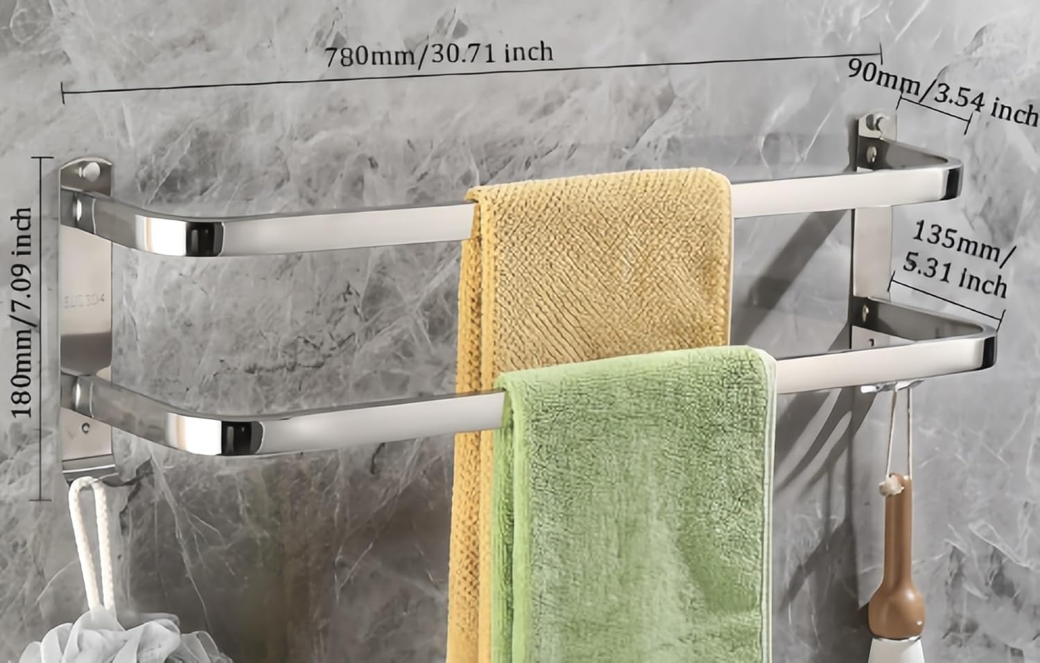 SEIDO 32 Inch Polished Chrome Double Towel Bar, Heavy Duty 2-Tier Square Ladder Towel Rack for Bathroom Wall Mounted, Rustproof 304 Stainless Steel Towel Holder with Hooks, Adhesive or Screw Mounting