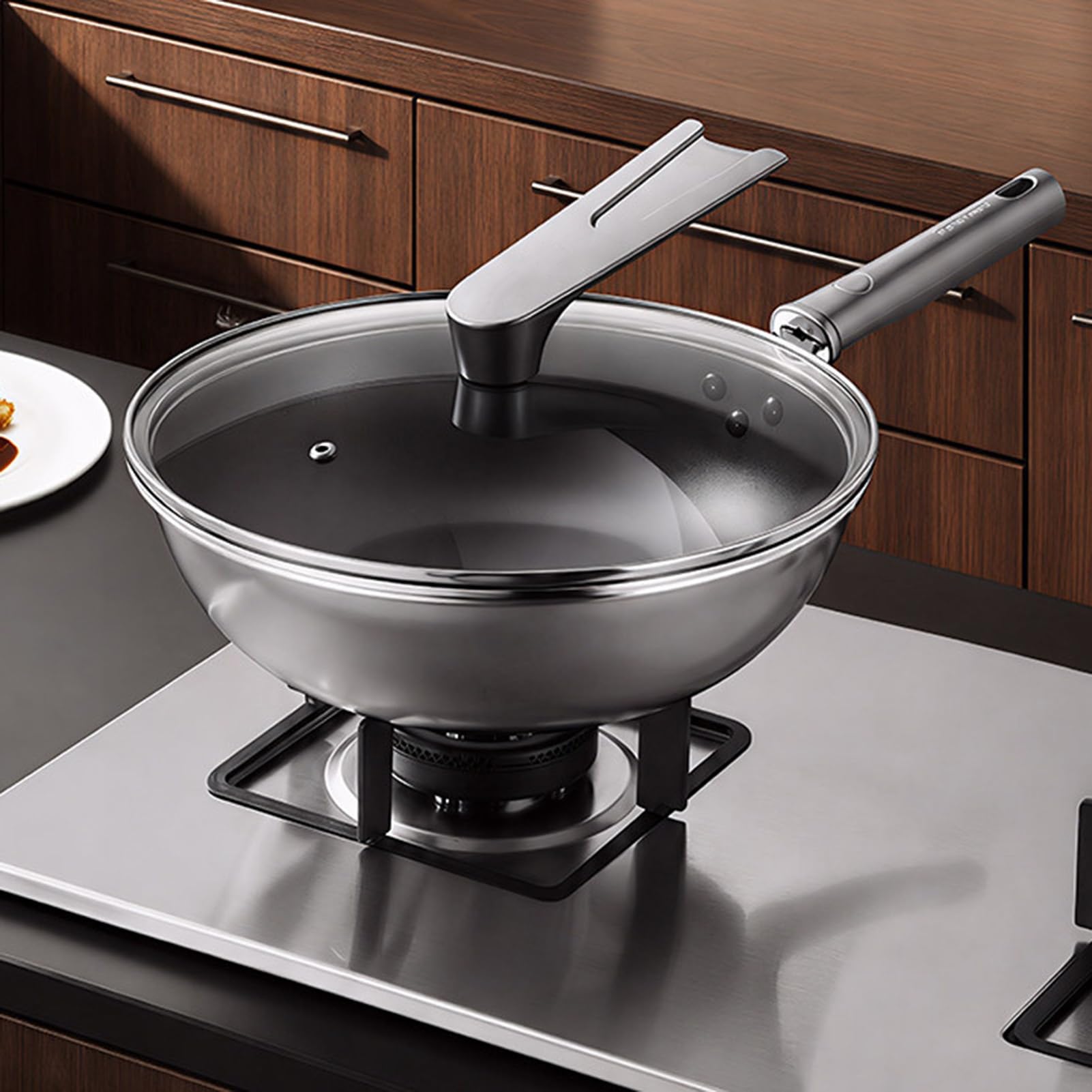 Genérico Wok De Cocina Grande, Aleación Aluminio Con Tapa, Sartén Antiadherente Previamente Sazonada, Utilizado For Saltear Estofar Al Vapor Y Asar Alimentos(28cm)