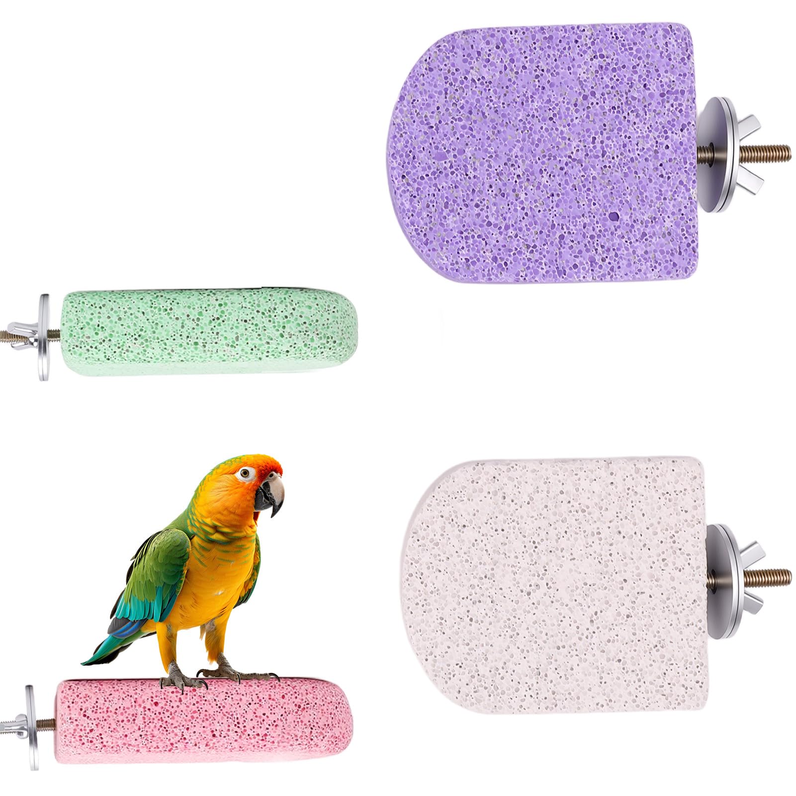 ESTEFY 4PCS Bird Beak Grinding Stones, Multicoloured Pumice Perches for Cage, Anti-Slip Claw Trimmer for Parrots Budgies Cockatiels, Includes 4 Ice Cream Shapes with Fixings (Small size)