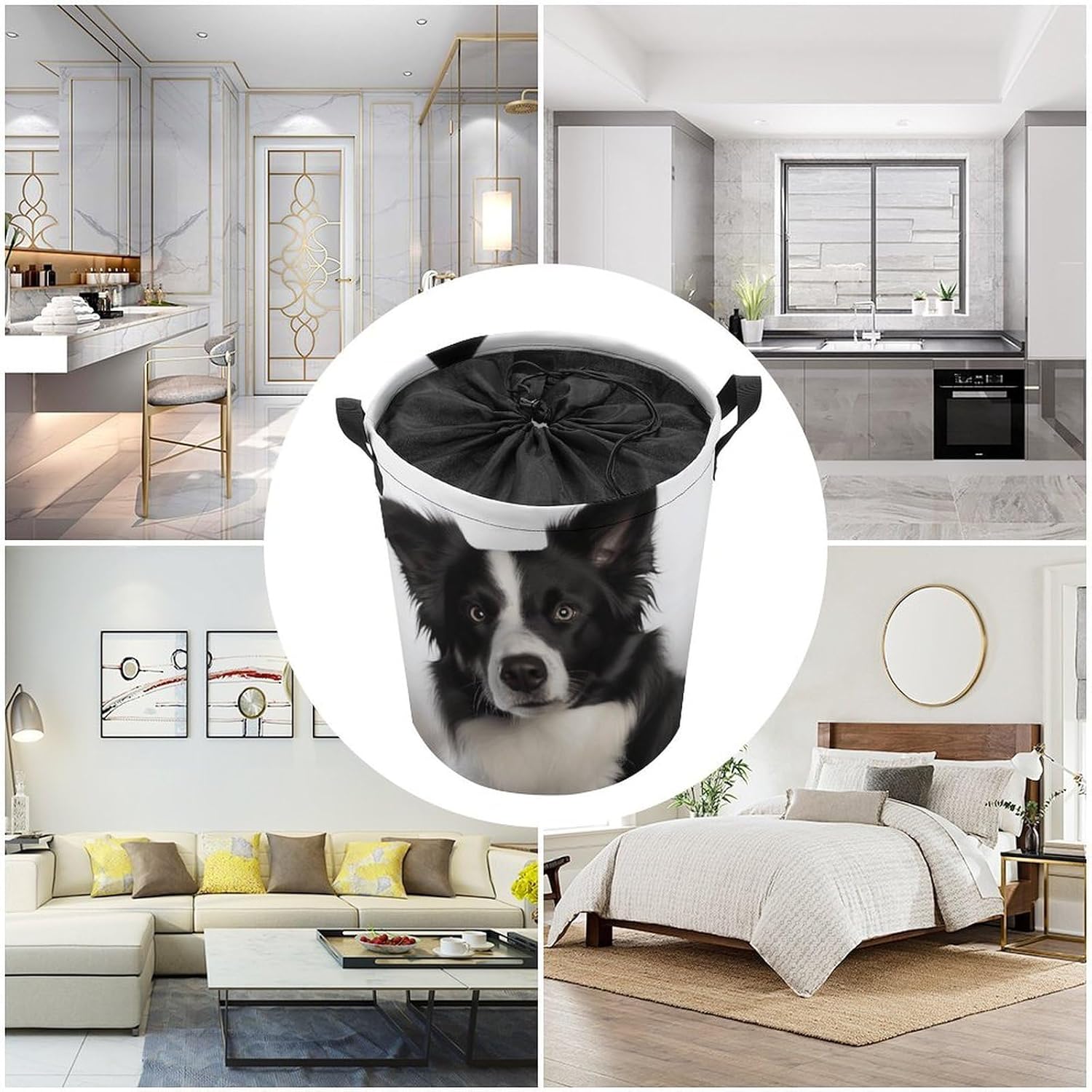 Border Collie Laundry Basket Collapsible Clothes Hamper with Reinforced Handles Large Capacity Waterproof Laundry Bag Freestanding Laundry Hamper for Bedroom Bathroom