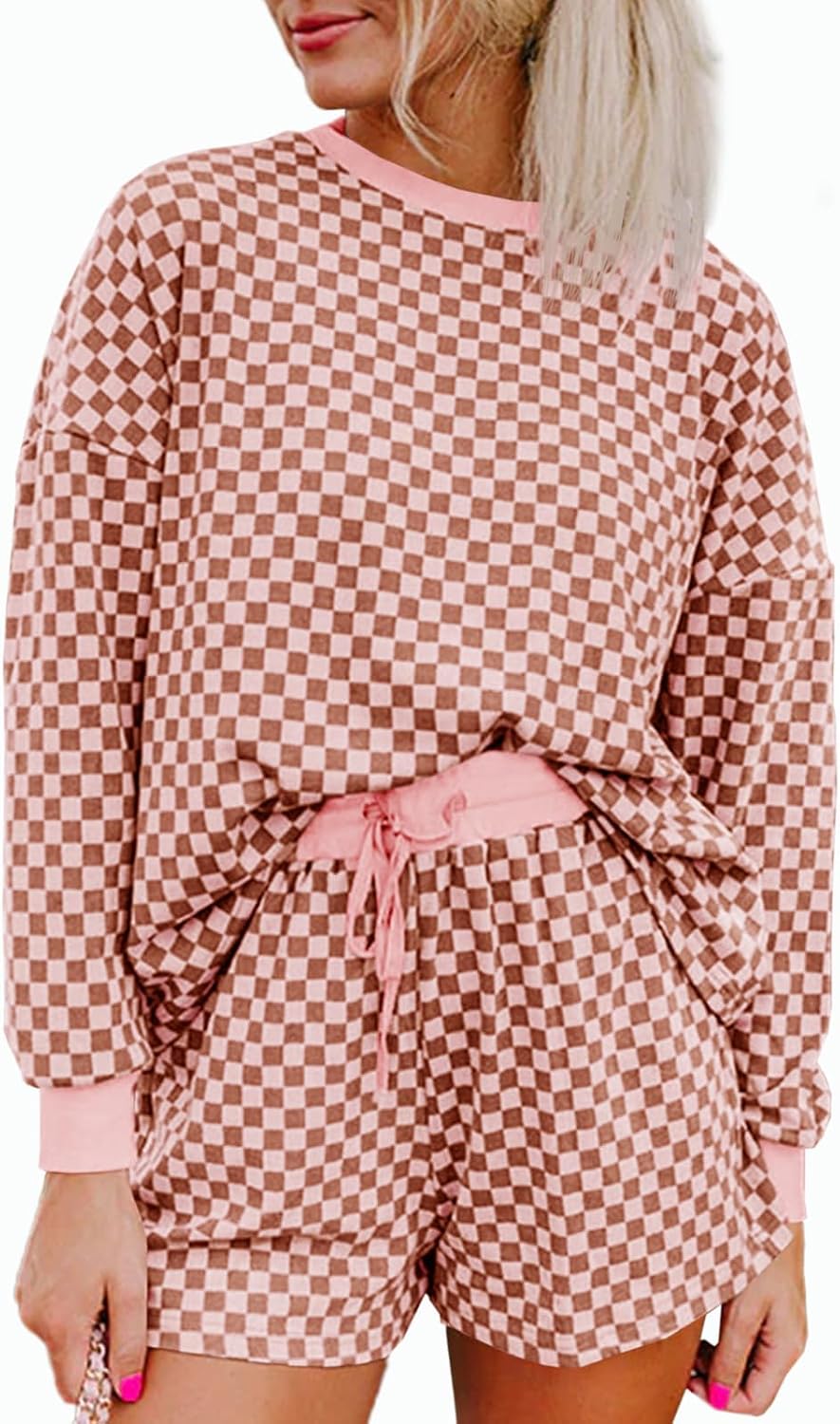 Tankaneo Womens 2 Piece Outfits Long Sleeve Tops Shorts Sets Loungewear