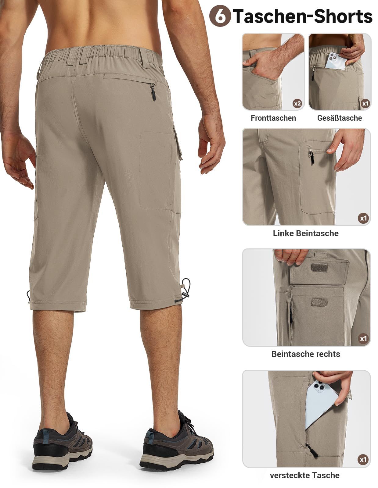 Moosehill Short 3/4 pour homme, cargo, bermuda, short de plein air, 6 poches, léger, imperméable, pantalon cargo, pantalon de randonnée, pantalon de travail, VTT, sports de plein air, short d'été
