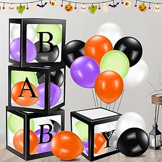 Jenaai 44 Pcs Halloween Baby Shower Party Decorations 4 Pcs Black Transparent Balloon Boxes with Baby Letters 40 Pcs 10 Inch Balloons for Halloween Gender Reveal Party Supplies