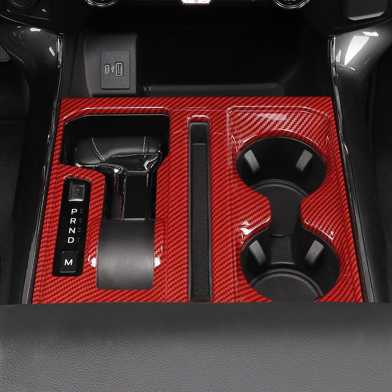 Jimen Compatible with 2021-2024 Ford F150 Center Console Gear Shift & Cup Holder Panel Trim Cover (Red Carbon Fiber) image 5