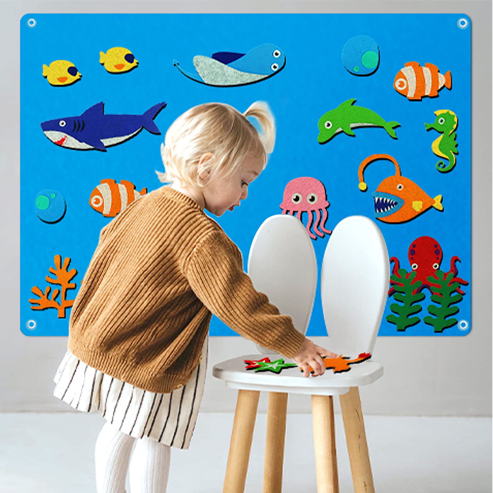 Arrocent Ocean Felt Board Story Set for Toddlers, Under The Sea 3.5 Feet Flannel-Stories Shark Octopus Toys Figures Teaching Wall Flannel Interactive Play Kit