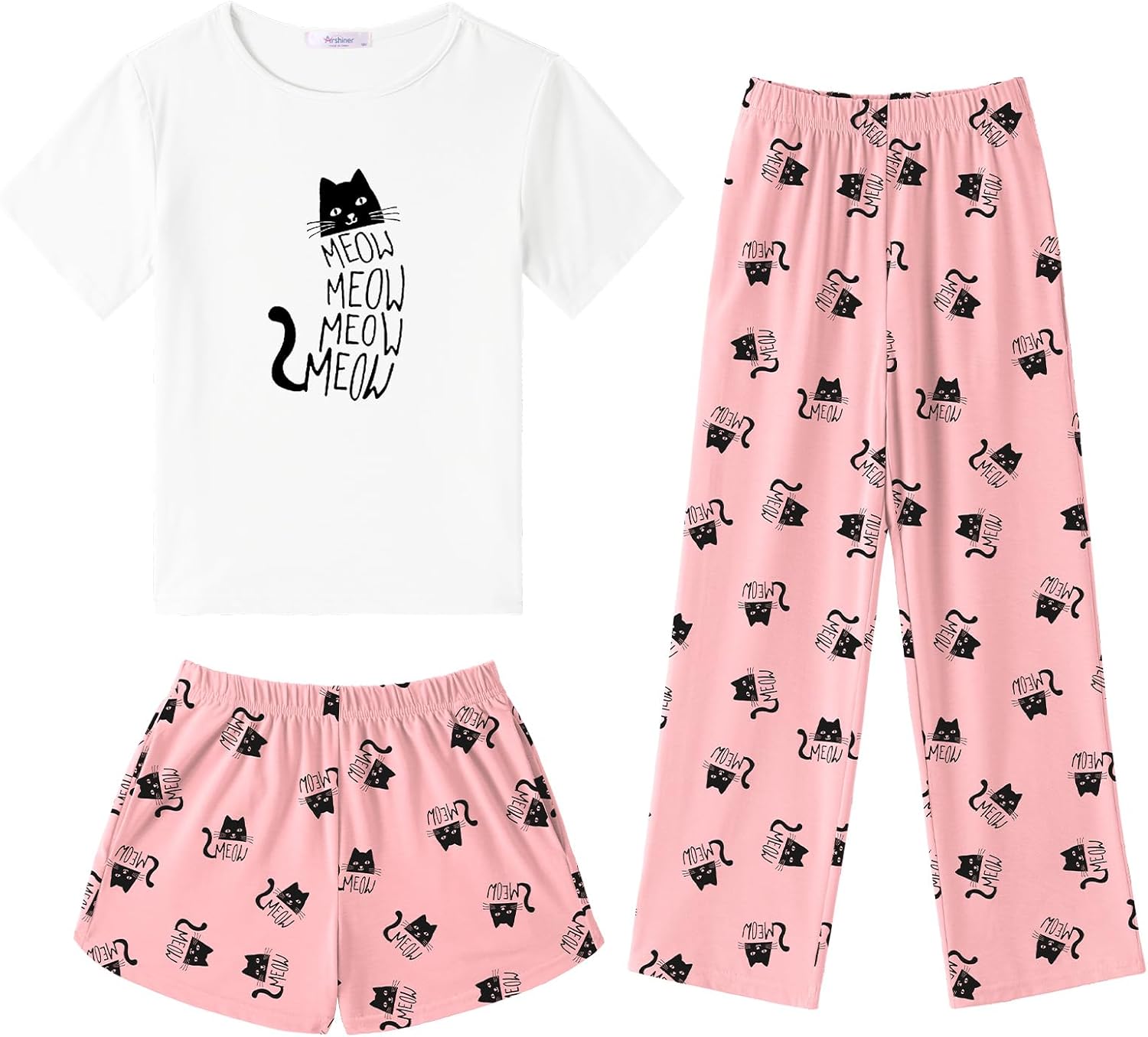 Arshiner Girls Pajama Set 3 Piece Short Sleeve Sleepwear Summer Soft Cute Pjs Outfits