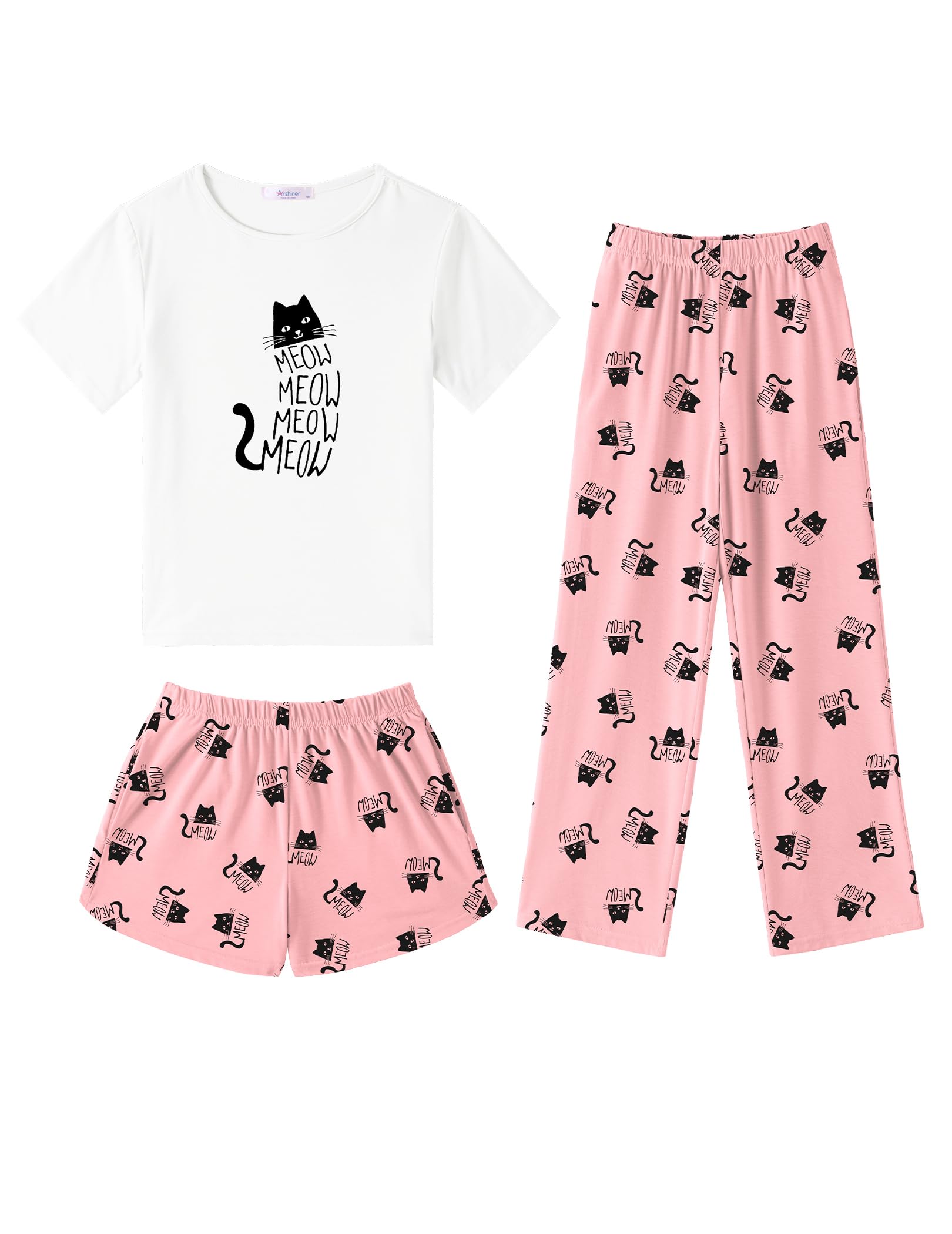 Arshiner Girls Pajama Set 3 Piece Short Sleeve Sleepwear Summer Soft Cute Pjs Outfits